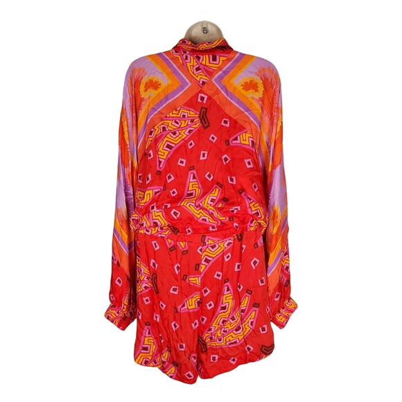 Farm Rio Tiki Bananas Scarf Long Sleeve Mini Romper Red Latinx Size Medium - Picture 4 of 12